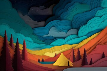 A vibrant illustration showcases a camping scene beneath a starry night sky with layered colorful hills.