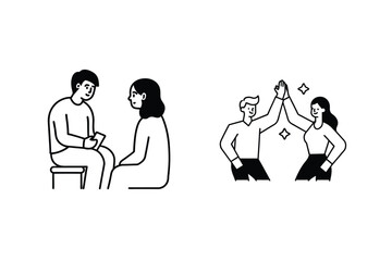 Line Art Depiction Of Counseling Session And Successful High Five Between Man And Woman