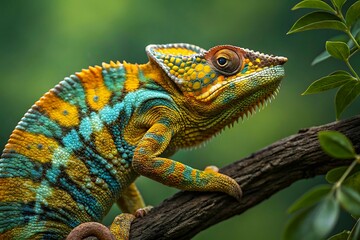 Obraz premium Colorful Chameleon on Branch: High-Resolution Reptile Wildlife Photography
