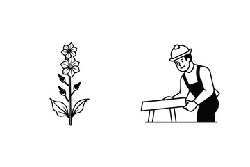 Simple Black And White Line Art Depicting A Carpenter With Flowers In A Minimalistic Design