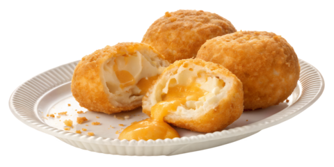 Golden Goodness: A close-up shot of several crispy, golden-brown fried cheese balls, with one cut open to reveal a molten, gooey interior. Served on a white plate, they are a perfect indulgence.