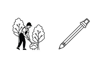 Gardener At Work With Trees And Pencil Icon Vector Illustration Depicting Skills Of Horticulture And Landscape Design