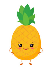 Cute kawaii pineapple character. Cheerful smiling emoticon. Adorable tropical fruit with face. Funny chibi eyes, mouth, arms and legs. Cartoon vector illustration isolated. Children baby Asian design.