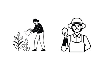 Black And White Illustration Of People Gardening And Watering Plants Representing Nature And Sustainable Lifestyle