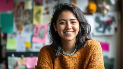 Charming portrait of a young Hispanic female graphic designer smiling at her creative workspace, showcasing a playful and inspiring atmosphere.