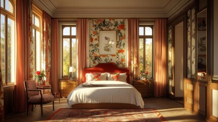 Fototapeta premium Sunlit Vintage Bedroom Interior Design With Floral Wallpaper