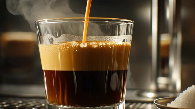 Espresso pouring into glass, steam rising, coffee machine