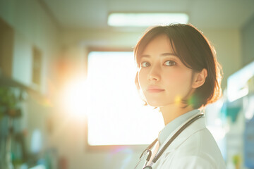 Asian female doctor with short hair wearing a white coat, using a stethoscope in a medical room