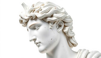 Obraz premium Apollo bust, plaster cast, ancient Greek god of sun & poetry Isolated on white, white background, sun