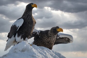 Birds of prey - flying Steller's sea eagle (Haliaeetus pelagicus) on background - dramatic blue sky and white clouds