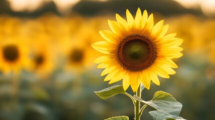Obraz premium Dreamy Sunflower Field with Soft-Focus Bokeh Effect during Golden Hour