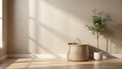 A sunlit interior scene featuring a woven basket and a potted plant against a neutral wall