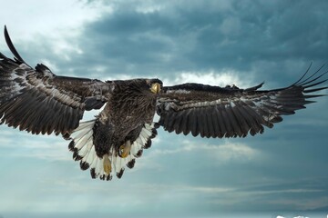 Birds of prey - flying Steller's sea eagle (Haliaeetus pelagicus) on background - dramatic blue sky and white clouds