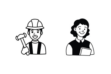 Two Professionals Line Art Illustration Man With Hammer And Woman Holding Document Simple Vector Image