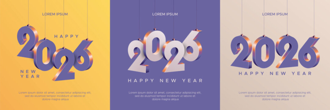 Happy new year 2026 square template with 3D hanging number. Greeting concept for 2026 new year celebration