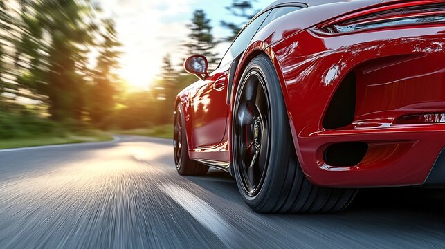 Red Sports Car Speeding Country Road Sunset.