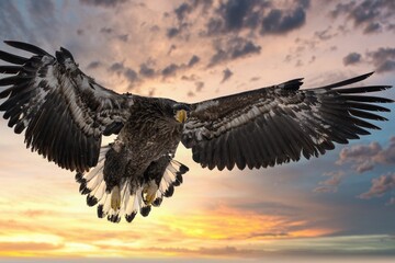 Birds of prey - flying Steller's sea eagle (Haliaeetus pelagicus) on background - dramatic blue sky and white clouds