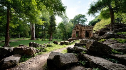 Ancient Temple in Lush Green Landscape: Ruins of an ancient temple nestled amidst the serene embrace of a verdant landscape, transporting viewers to a place of history, mystery, and natural beauty.