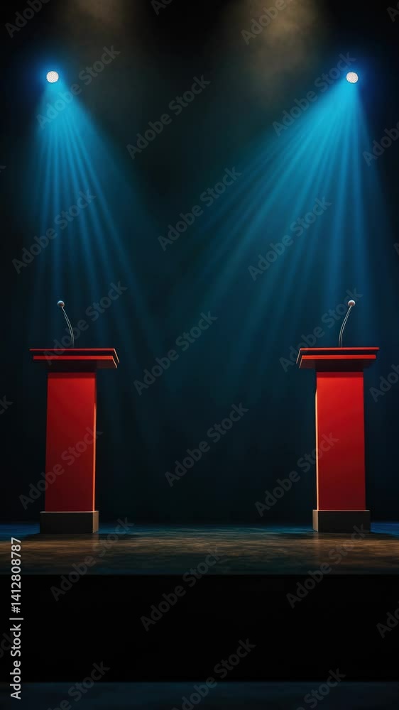 Poster stage setup with two red podiums and spotlights.
