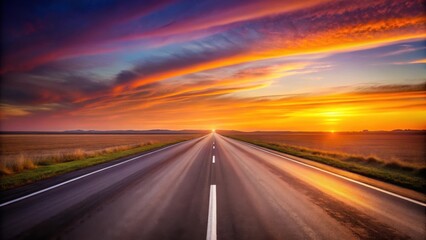 Naklejka premium Asphalt highway vanishing point at vibrant sunset over a flat agricultural landscape