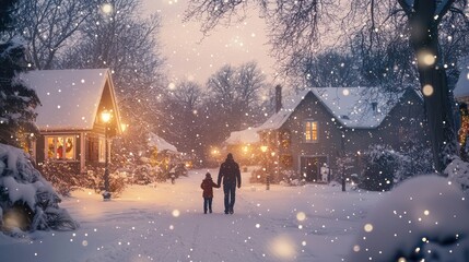 A family takes a walk through a snowy village square, with twinkling lights, festive decorations, and a peaceful atmosphere.

