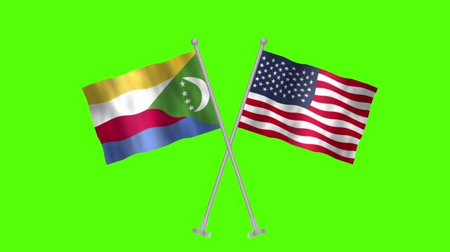 Flag of Comoros and USA, Cross table flag of Comoros and USA on Green screen chroma key, Comoros and USA 3D Animation flag waving in the wind isolated on Green Background.