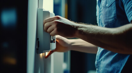 Electrician installing home security system. Featuring security system installation