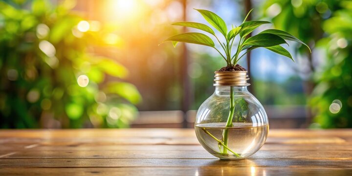 A thriving green plant sprout nurtured in a repurposed lightbulb vase, symbolizing growth and sustainable living on a wooden surface