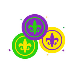 Mardi Gras Coins with Fleur-de-Lis Symbol in Purple, Green, and Yellow
