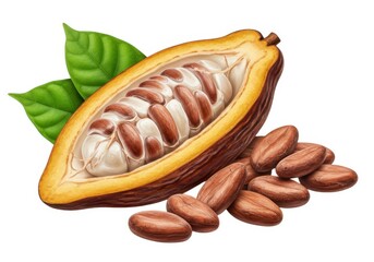 Cacao beans and pod illustration for chocolate products isolated on background