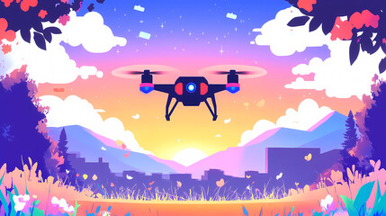 Naklejka premium Drone flying over city at sunset delivering packages