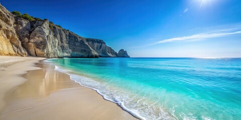 Serene Coastal Scene Turquoise Waters Lap Gentle Waves on a Pristine Sandy Beach, Backdropped by Majestic Cliffs