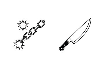 Graphic Vector Of A Flail Weapon And A Kitchen Knife Emphasizing Medieval Weaponry Theme And Sharp Cutting Tools