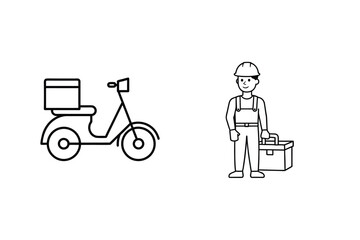 Minimalist Line Art Depiction Of A Delivery Scooter With Box And A Worker Holding A Toolbox