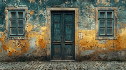 Aged facade with weathered door and windows
