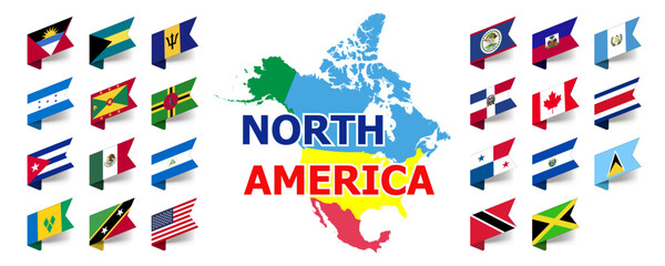 North and Central American flag set. Complete collection of flags of all states of north america with map