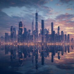 Fototapeta premium Stunning city skyline with towering skyscrapers reflecting in water