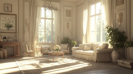 Fototapeta premium Sunlit Elegant Living Room with Cream Furnishings