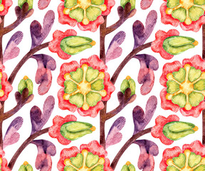 Seamless watercolor floral pattern. Hand-painted botanical design. Textile texture imitation for fabric, tablecloths, curtains, wallpaper, or wrapping. Vibrant and artistic illustration.