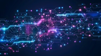 Abstract digital circuit network of glowing neon lines.