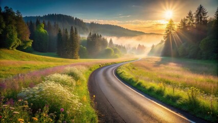 Obraz premium Serene Sunrise Road Winding Through Misty Meadow and Forest
