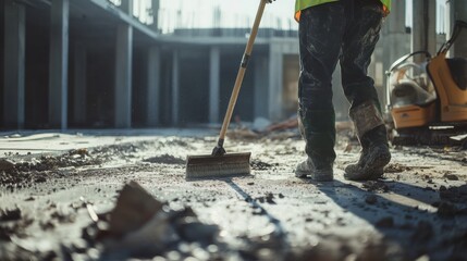 Construction worker cleaning the site after installation at a building site. Featuring attention to detail and cleanliness