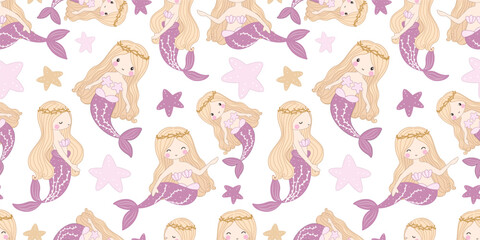 Adorable funny mermaid life seamless pattern