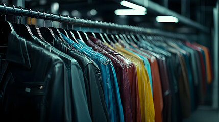 Fototapeta premium Colorful Leather Jackets On Display Racks In A Store