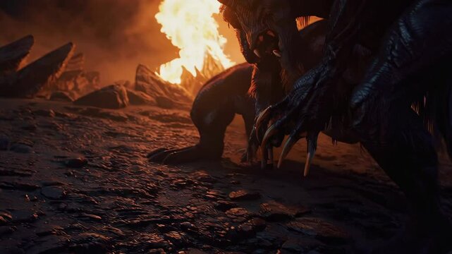 Baphomet, goat demon showing muscles and pentagram in hell