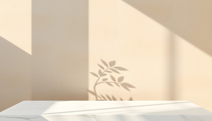 Sleek white marble countertop with subtle veining, lush green foliage bathed in golden sunlight casting delicate leaf patterns on a warm beige stucco wall, elegant backdrop for premium organic skinc