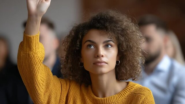 Businesswoman Raises Hand to Ask Question During Team Training Session Generative AI