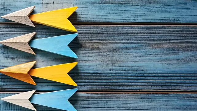 Colorful wooden arrows arranged on a rustic wooden surface, symbolizing direction and progress