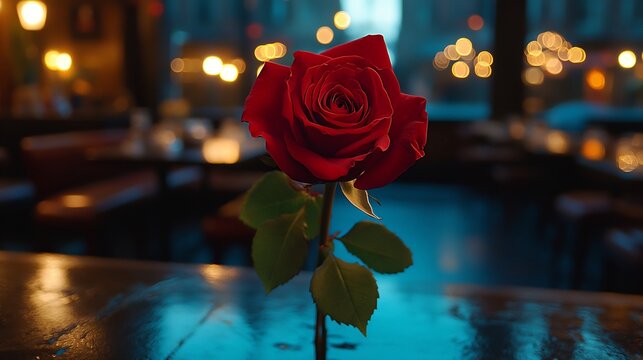 Romantic Red Rose Restaurant Table Night.