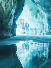 Exploring an Ice Cave with Icicles and Water Reflection in Winter